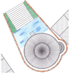 Progetto lavori: - in azzurro, restauro del sagrato - in marrone, restauro del muro perimetrale - in verde, discese per i disabili